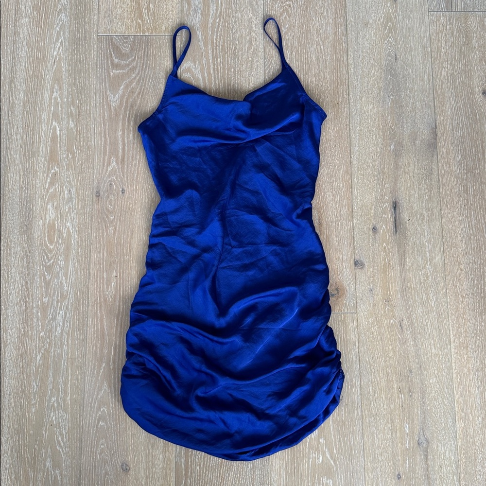 Express Royal Bright Blue Ruched-sides Sleeveless Cowl Neck Mini Slip Dress.